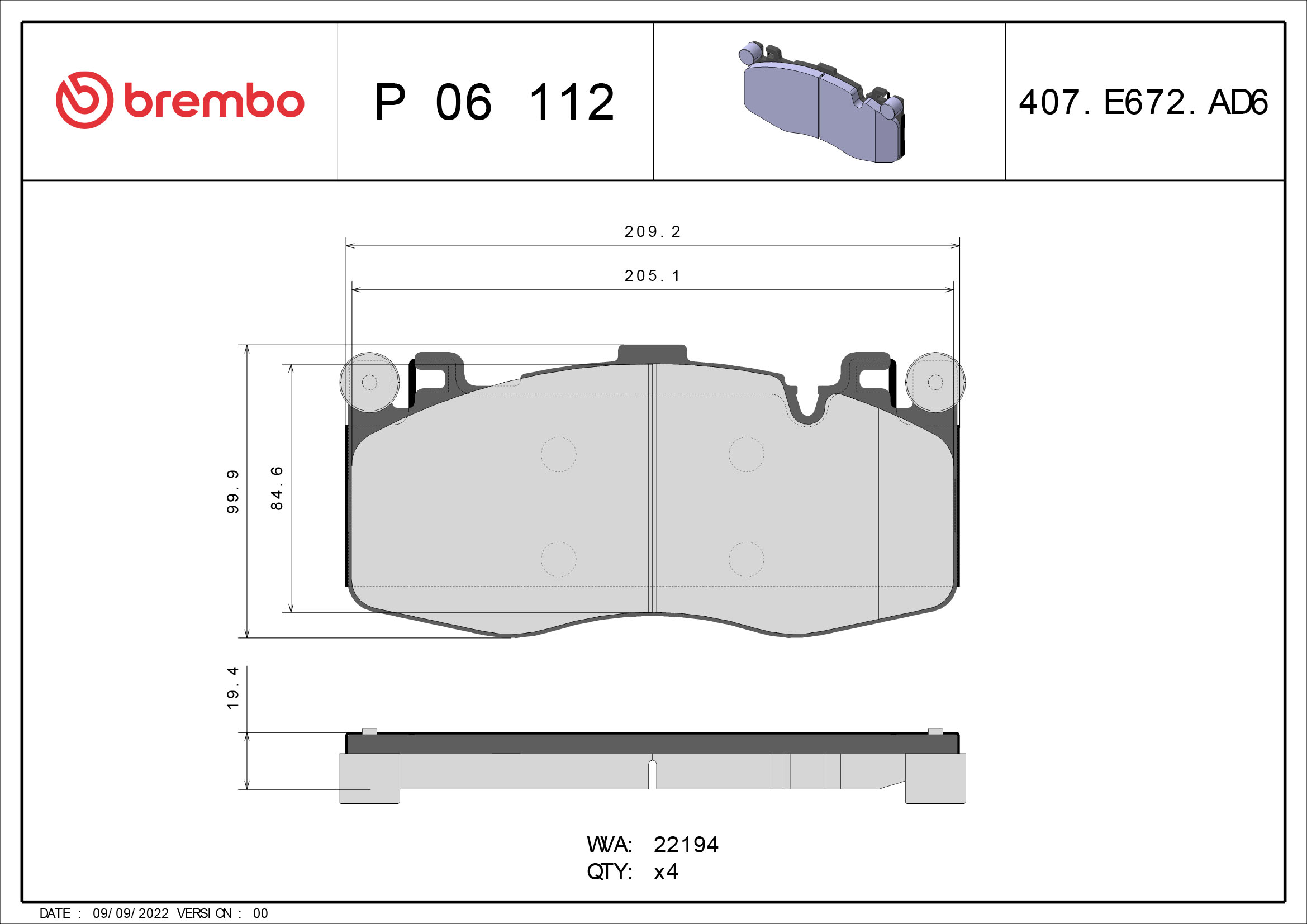 A.B.S. P 06 112 BREMBO Bremsbelagsatz, Scheibenbremse